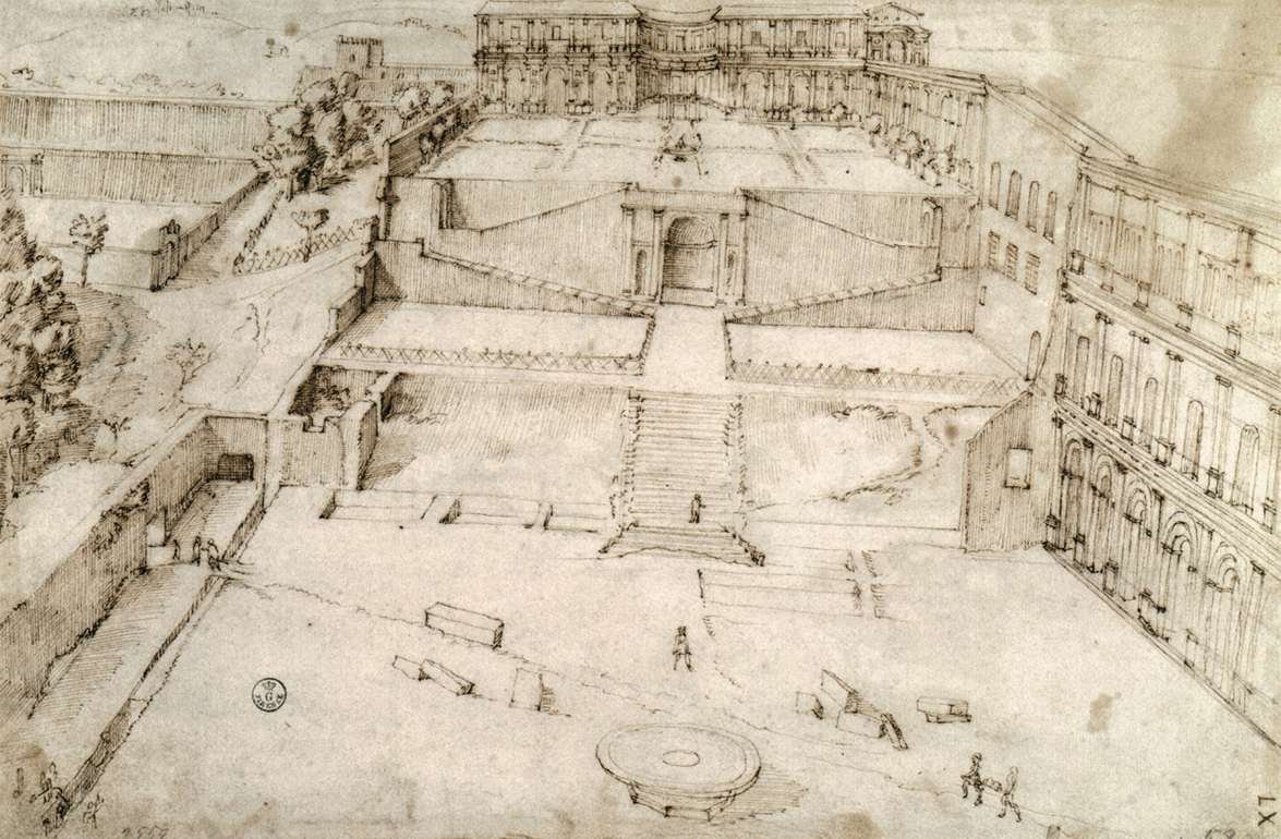 Giovanni Antonio Dosio's architectural drawing of the Cortile del Belvedere designed by Bramante