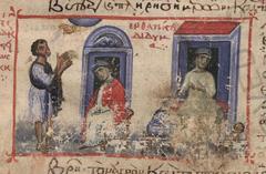 Miniature painting showing the birth of Esau and Jacob, biblical illustration