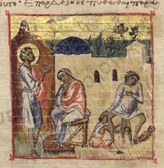 Miniature painting illustrating the birth of Esau and Jacob from an ancient manuscript