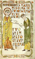 Bishop Erembert asking for mercy towards Saint Martin in illuminated manuscript with ornate frame