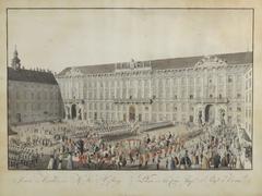 Interior view of the Imperial Hofburg in Vienna showing Reichskanzleitrakt with gala carriage and Hungarian noble guard