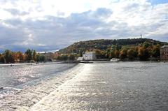 Kampa Museum with Petřín Hill in the background over Vltava River in Prague