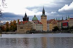 View of Vltava river and Novotného lávka footbridge in Prague, Czech Republic