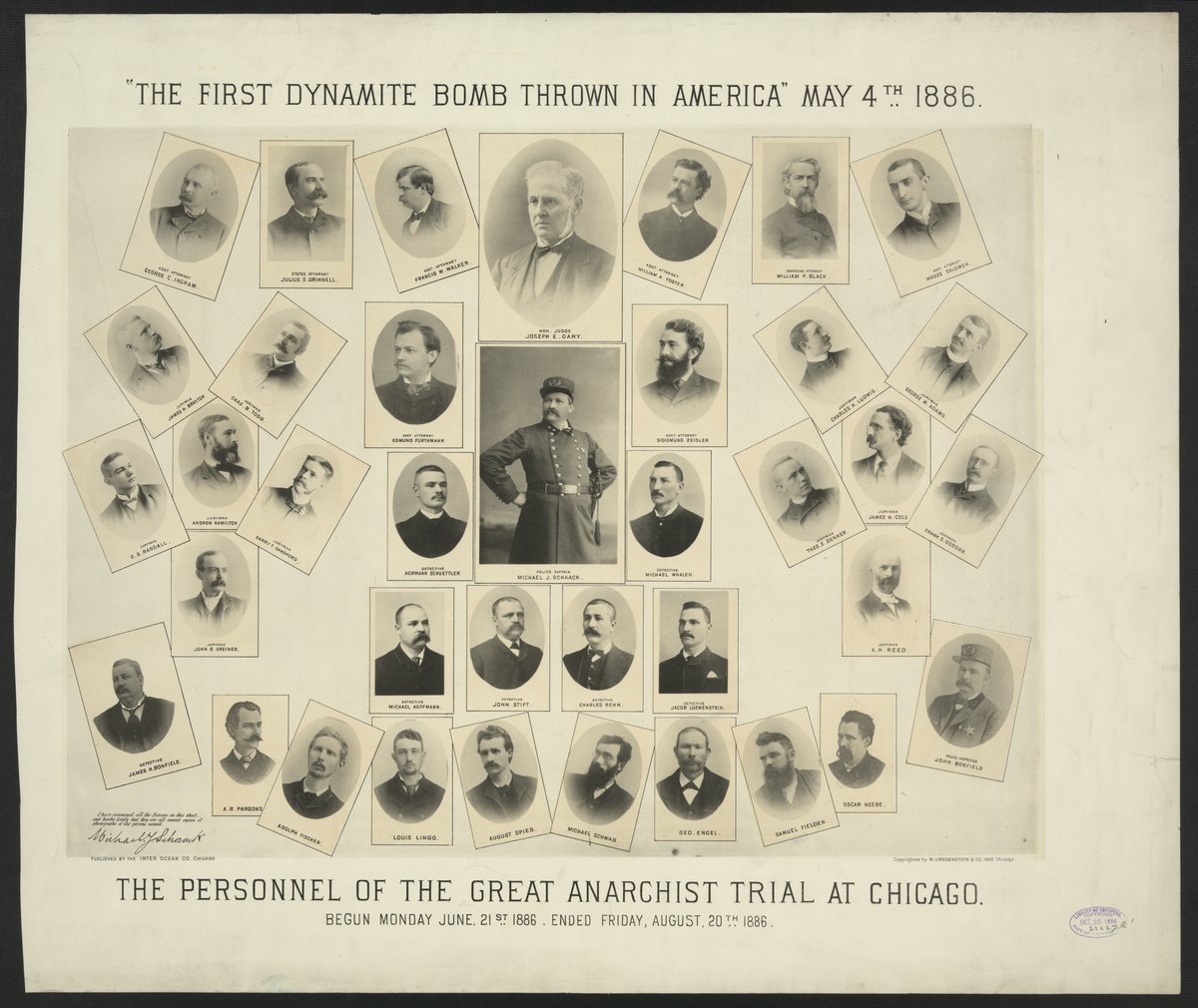 Black and white historic photograph of personnel involved in the 1886 anarchist trial in Chicago