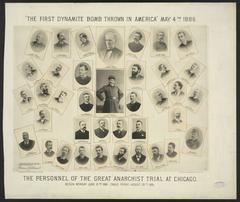 Black and white historic photograph of personnel involved in the 1886 anarchist trial in Chicago