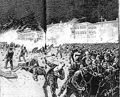 19th century engraving of Haymarket riot showing exaggerated flames and smoke