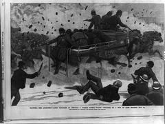Police patrol wagon attacked by 12,000 rioters during anarchist-labor troubles in Chicago, May 3rd
