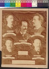 Historical artwork commemorating Haymarket Martyrs with portraits and quotes from Adolph Fischer, August Spies, Albert R. Parsons, Louis Lingg, and George Engel, dated November 11, 1887