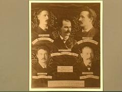 Artwork of Haymarket Martyrs with portraits and powerful quotes from 1887