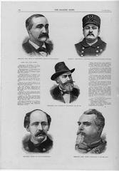Wood engraving portraits of Seth F. Hanchett, Matthias J. Deagan, Carter H. Harrison, Chief of Police Ebersold, and Col. Knox from 1886 Chicago Illustrated Graphic News