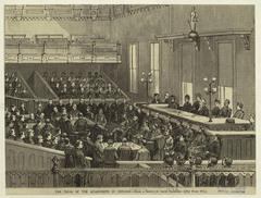 Historic courtroom scene during the trial of the Chicago anarchists related to Haymarket bombing