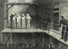 Execution by hanging of anarchists August Spies, Albert Parsons, Adolph Fischer, and George Engel in Chicago prison yard on November 11, 1887