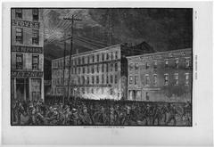 Historic engraving depicting the Haymarket Riot with protesters and police clash