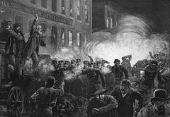 Illustration of the Haymarket Riot showing a chaotic street scene with police and protesters