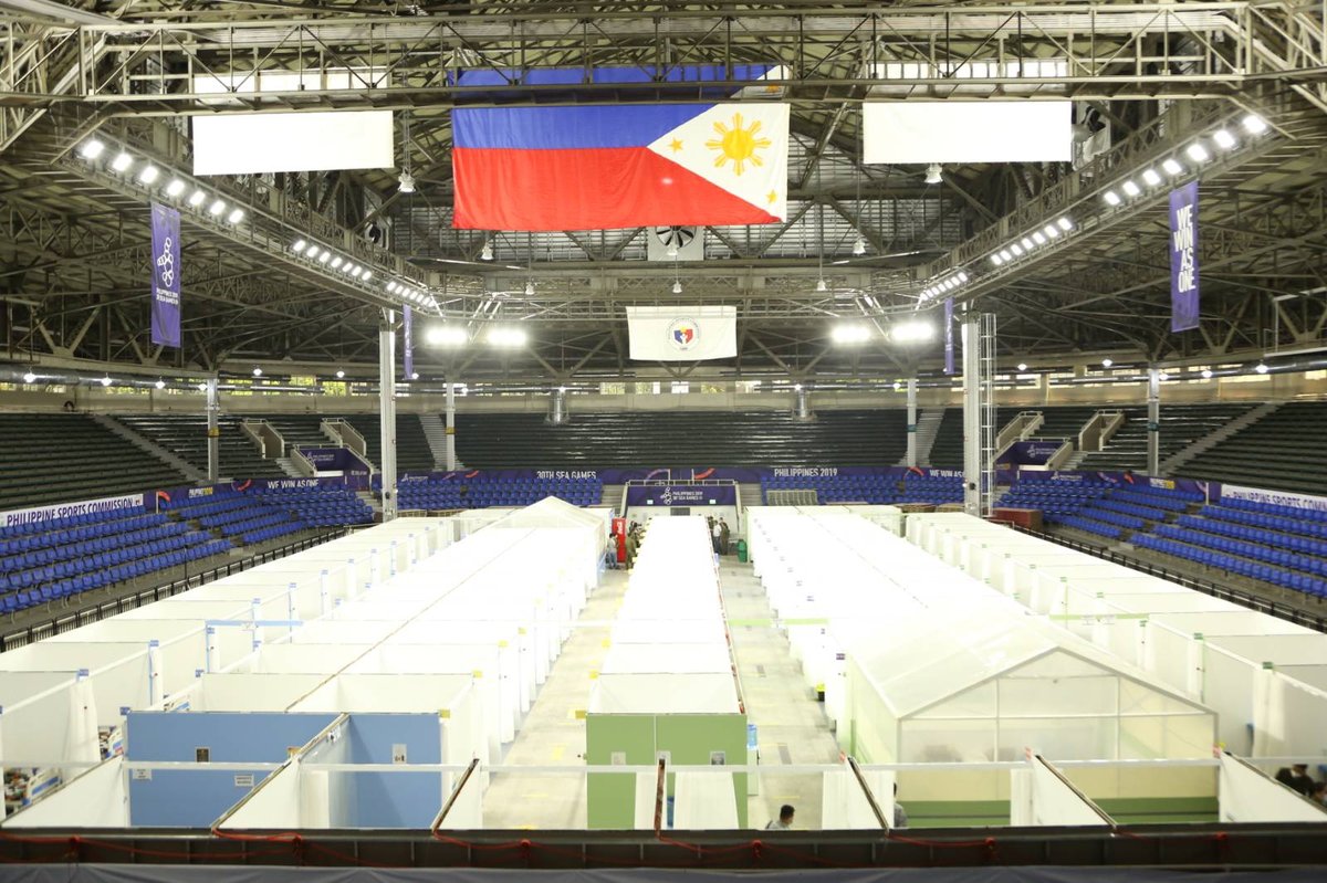 Rizal Memorial Coliseum converted into a COVID-19 quarantine facility with medical tents and equipment