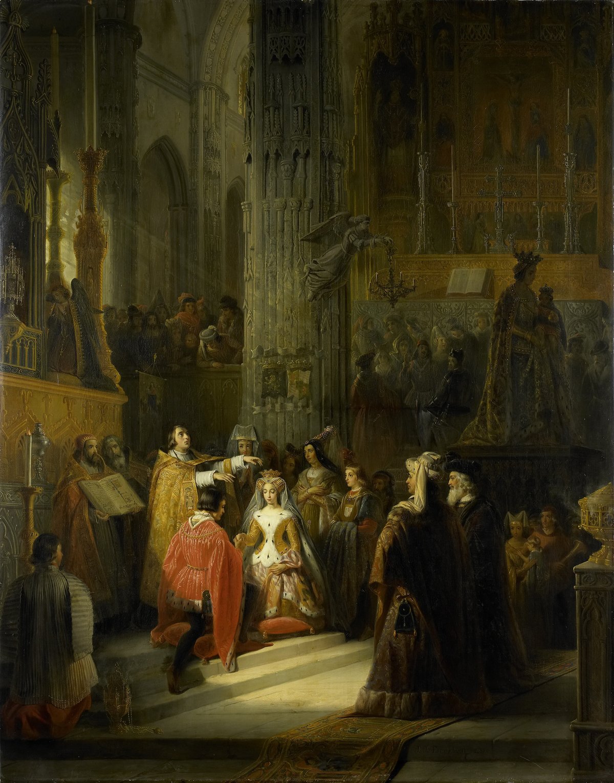 Wedding of Jacoba of Bavaria, Countess of Holland, and Jan IV, Duke of Brabant, in church interior with priest blessing the kneeling couple and light streaming through stained glass window