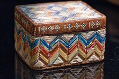 19th century Mi’gmaq wooden container decorated with birch bark, cotton, and porcupine quills
