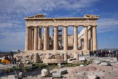 East Facade of the Parthenon and the Temple of Rome and Augustus in Athens on a clear day