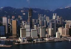 Hong Kong cityscape in 1989 with skyscrapers and harbor