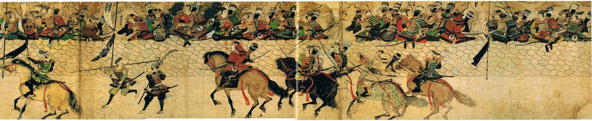 Historical Japanese illustration depicting Tomonaga Takezaki and his party at the front of Ishitsukiji during the Mongolian invasion