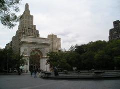 Washington Square Park Arch in New York City with clear blue sky
