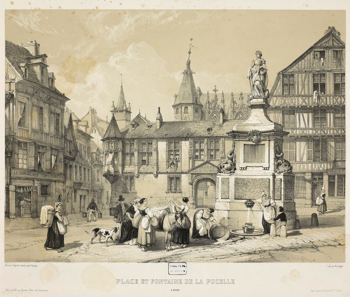 Historic Place de la Pucelle square with the Fontaine de la Pucelle and Hôtel de Bourgtheroulde in Rouen, Seine-Maritime