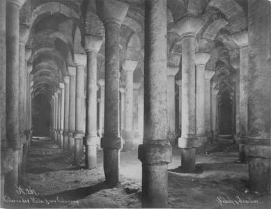 Old photograph of Basilica Cistern (Yerebatan Sarnıcı) in Constantinople-Istanbul showing ancient underground water storage with arches