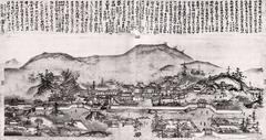 Unsigned sumi-e ink painting attributed to Sesshu showing traditional Japanese temple buildings and landscape