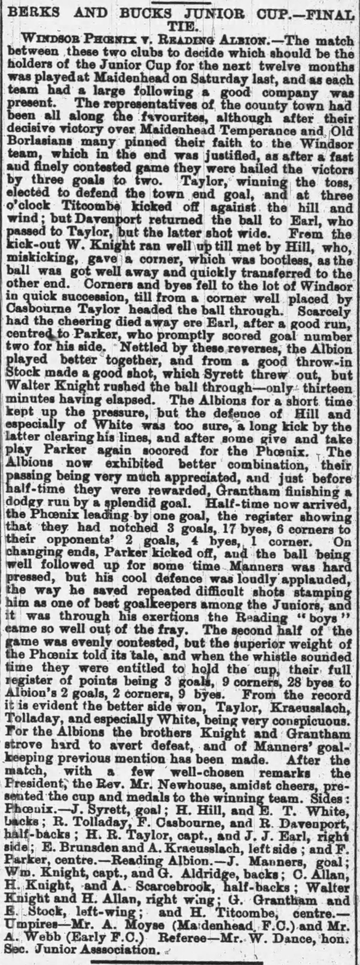 1887–88 Berks and Bucks Junior Cup final football match between Windsor Phoenix and Reading Albion