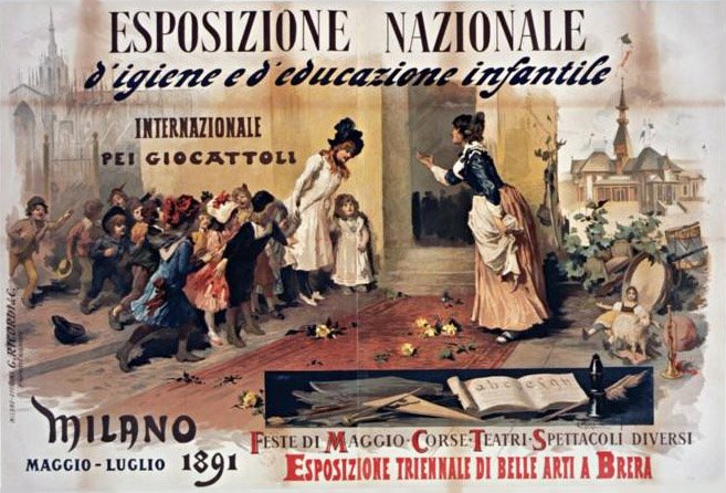 Exhibition hall of the 1891 Triennale di Belle Arti at Brera in Milan Italy showing displays and attendees