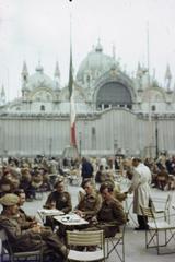 British Army soldiers on leave in Venice outdoor cafe June 1945