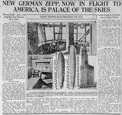 1928 newspaper article featuring the new German Zeppelin Graf Zeppelin described as the Palace of the Skies, largest of all, with photos