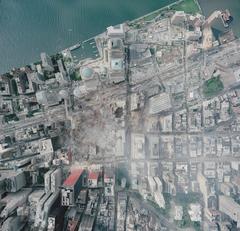 Aerial view of World Trade Center Ground Zero ruins in New York City post-9/11 attack