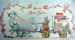 1922 New Year card illustrated by Charles R. Knight depicting a festive scene