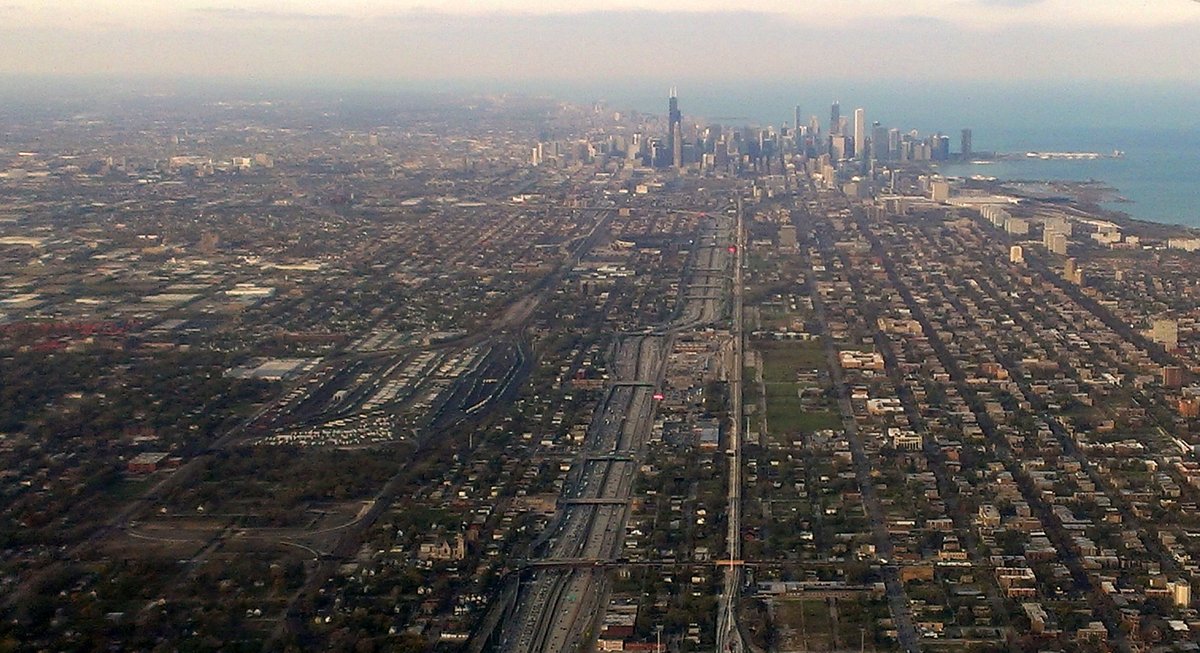 Interstate 94 highway with multiple lanes and overpasses in Chicago
