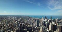 Aerial view of Chicago cityscape with skyscrapers and Lake Michigan