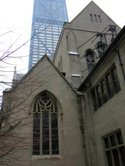 Back view of Fourth Presbyterian Church in Chicago with John Hancock Center in the background