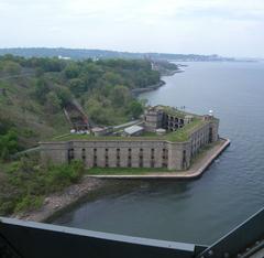 Aerial view of Battery Weed on a hazy midday