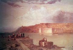 Historic painting of Forts Tompkins and Wadsworth on Staten Island, New York, circa 1870-1875