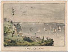 Hand-colored lithograph of New York Bay view from the telegraph station showing ships and waterfront