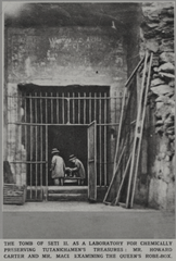 Howard Carter and Arthur Mace conserving Tutankhamun artifacts in Seti II tomb workshop