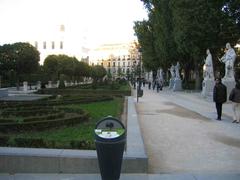 Beautiful gardens in Madrid with fountain and greenery