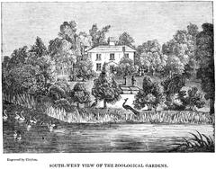 Historic southwest view of the Dublin Zoological Gardens in 1833 showing landscaped grounds and animal enclosures