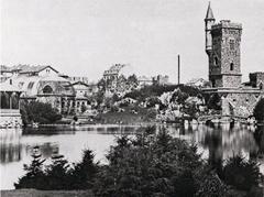 Historic aquarium and tower at Frankfurt Zoo in 1878