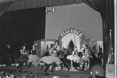 Black and white photo of horses performing at Circus Elleboog in the new De La Mar Theater in 1966
