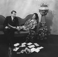 Wedding reception of ballet photographer Hans van den Busken and actress Philippine Aeckerlin in the foyer of Nieuwe de la Mar theater Amsterdam April 1961