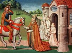 Charlemagne meeting Pope Adrian I to discuss protection against invaders