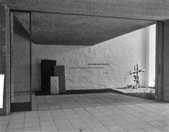 Memorial site for Jewish residents of Amsterdam in the Aula with eternal flame, black and white photo taken on May 3, 1962