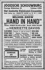 Herbert Nelson Hand in Hand poster in Joodsche Schouwburg advertisement in Joodsche Weekblad on 21 November 1941 featuring Michel Gobets, Sylvia Grohs, and Werner Ulmann