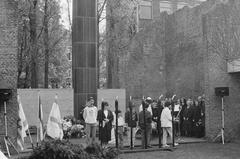 Memorial ceremony for Jewish victims of World War II at the Hollandse Schouwburg in Amsterdam, 1986 black and white photo